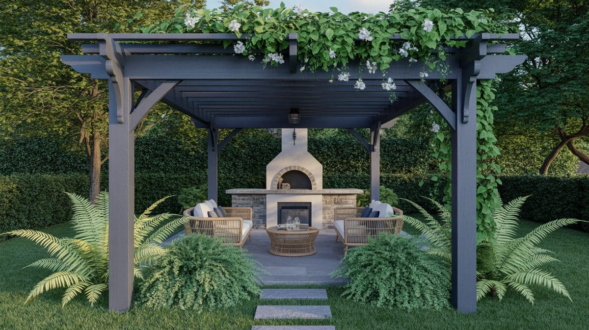 White Walkway Pergola Multiple Columns Brick Pathway Symmetrical