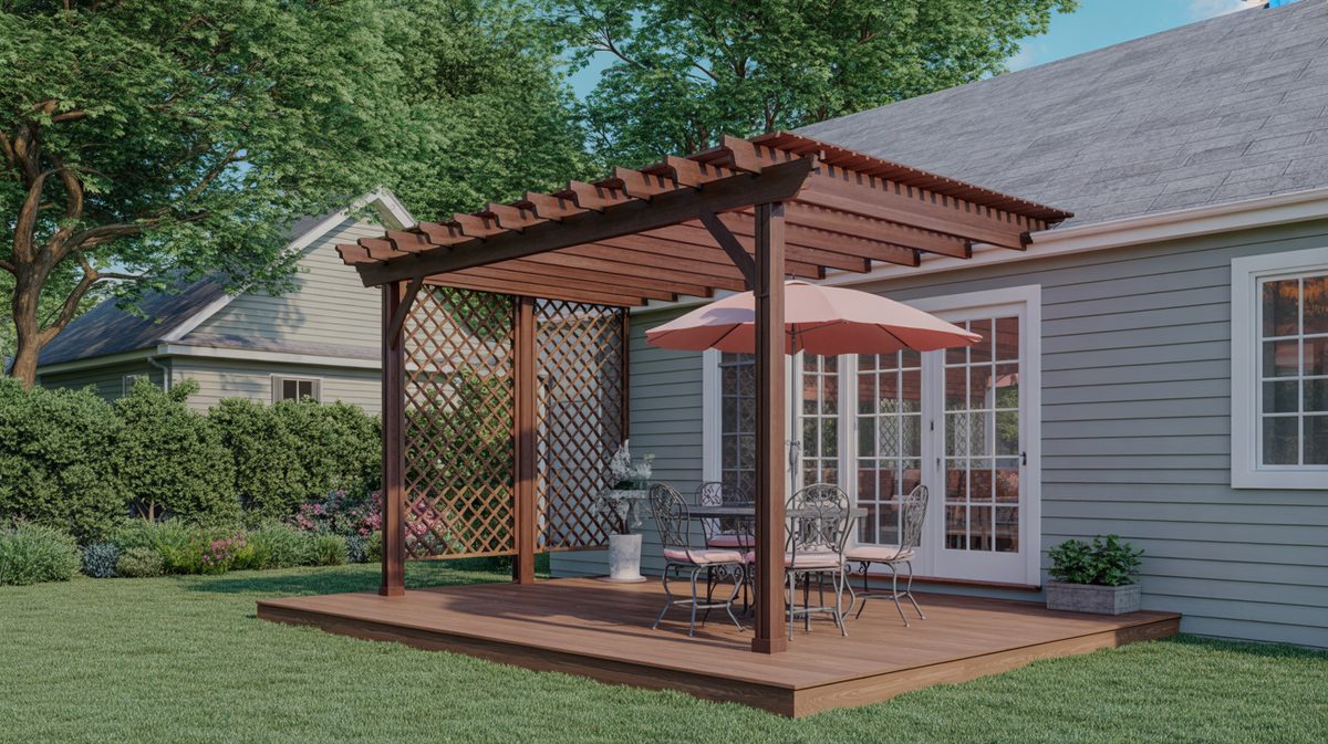 White Wood Pergola Raised Deck Lime Adirondack Chairs Garden