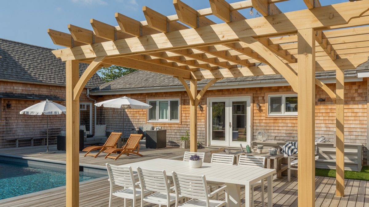 Wood Pergola Backyard Garden Sitting Area Vines String Lights