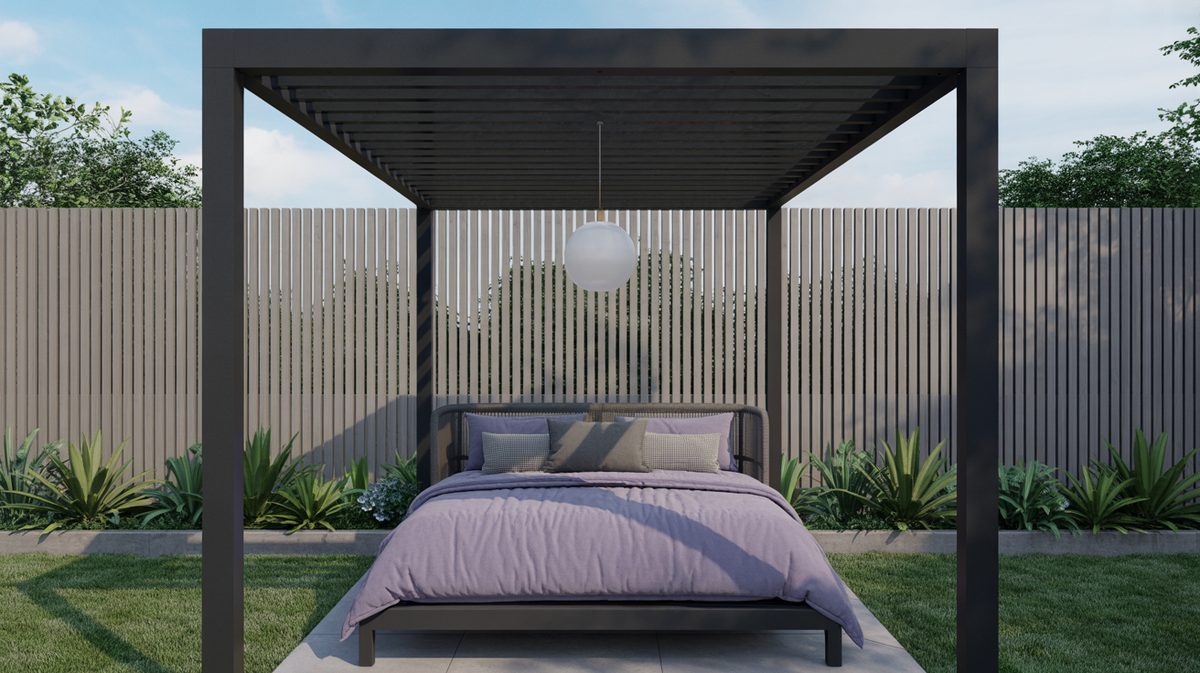 Wood Pergola Covered Grapevines Driftwood Bench Gravel Forest