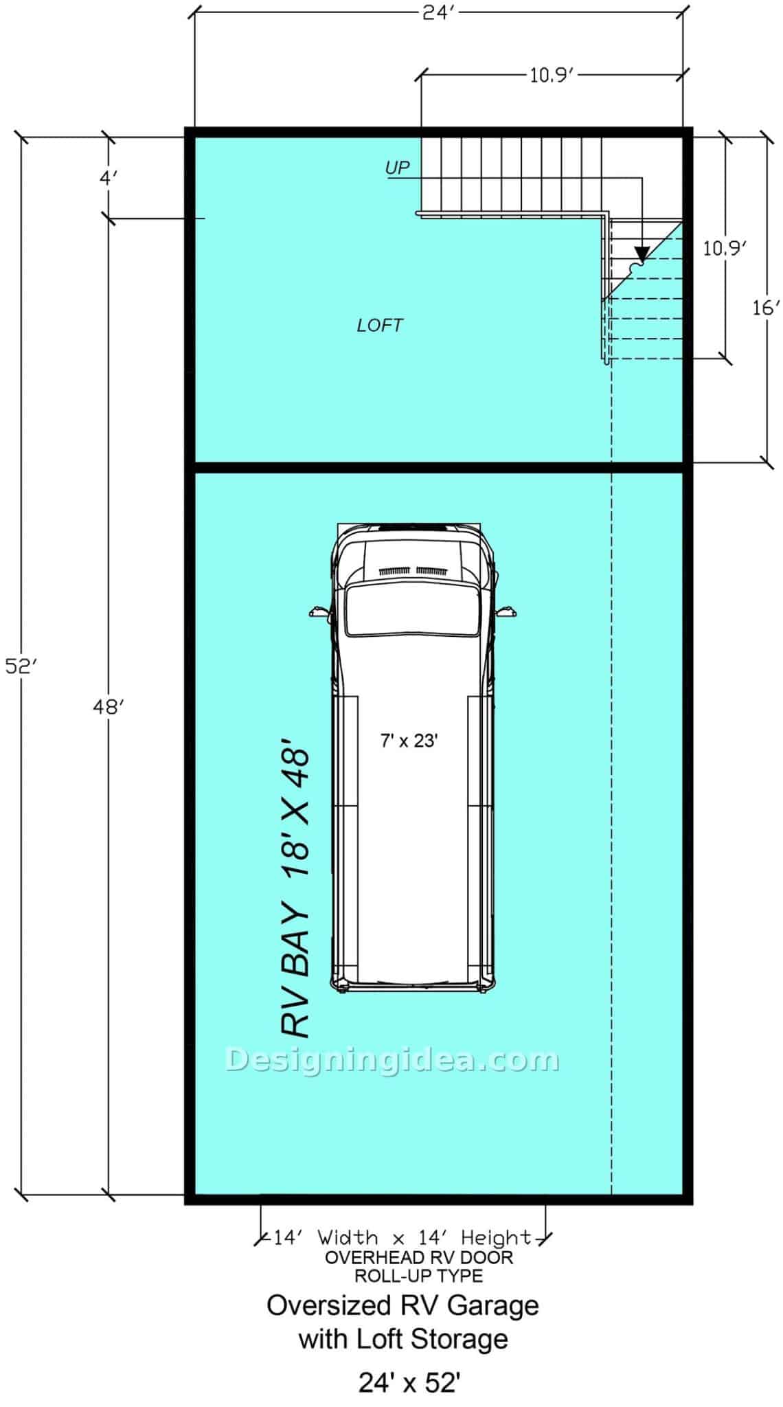 Oversized 24 by 52 foot RV garage floor plan with loft and switchback stair