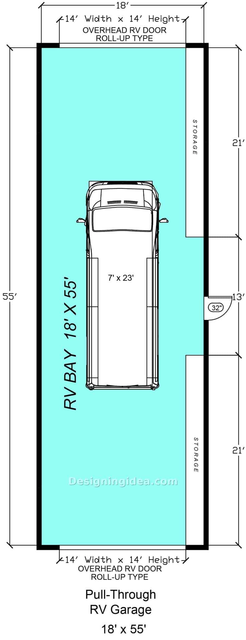 Pull through RV garage layout with roll up doors at both ends and side storage