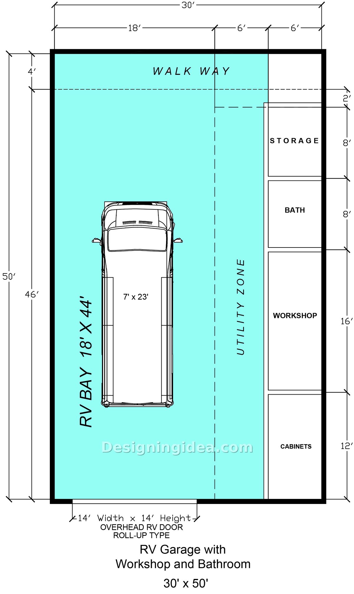 RV garage plan with workshop, bathroom, storage room and six foot utility zone