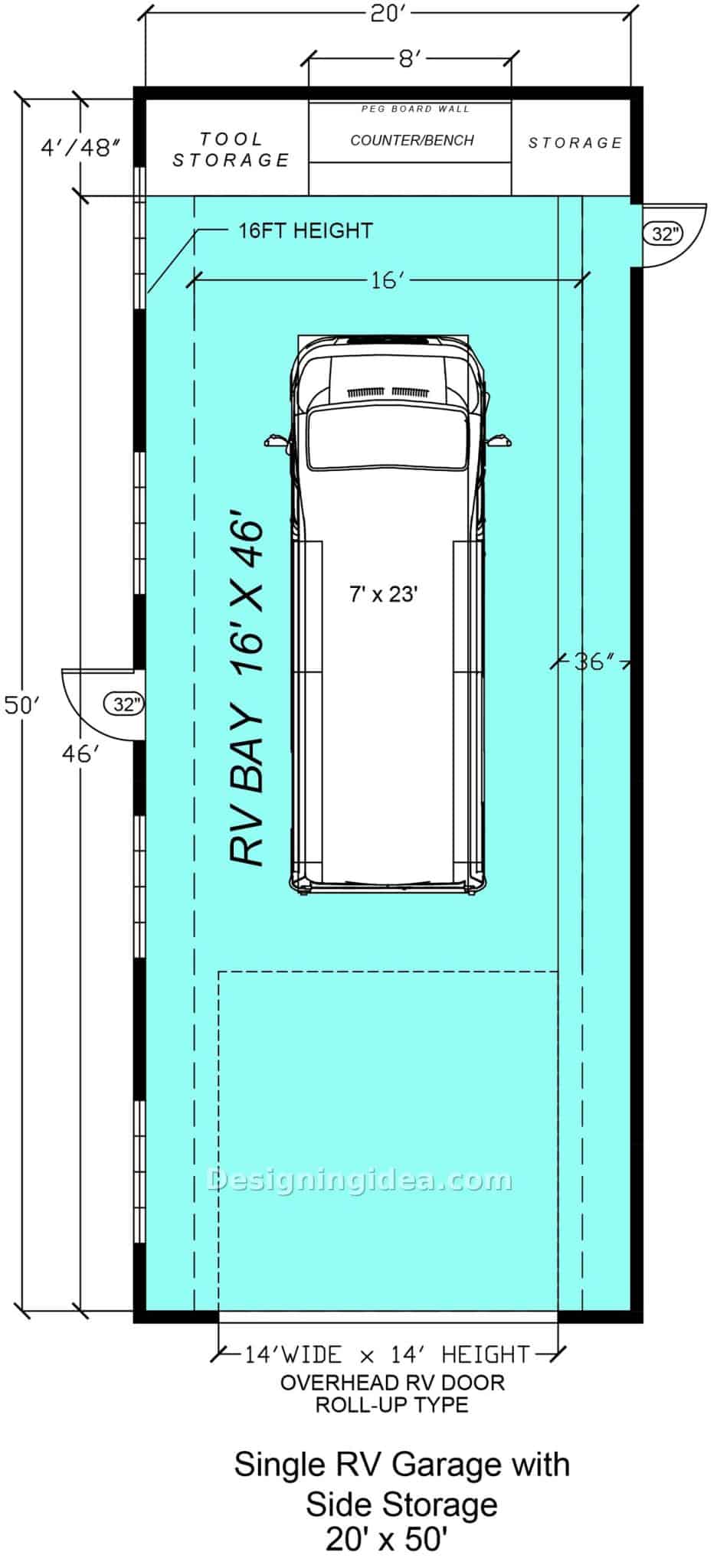 Floor plan of a 20 by 50 foot single RV garage with rear workbench wall