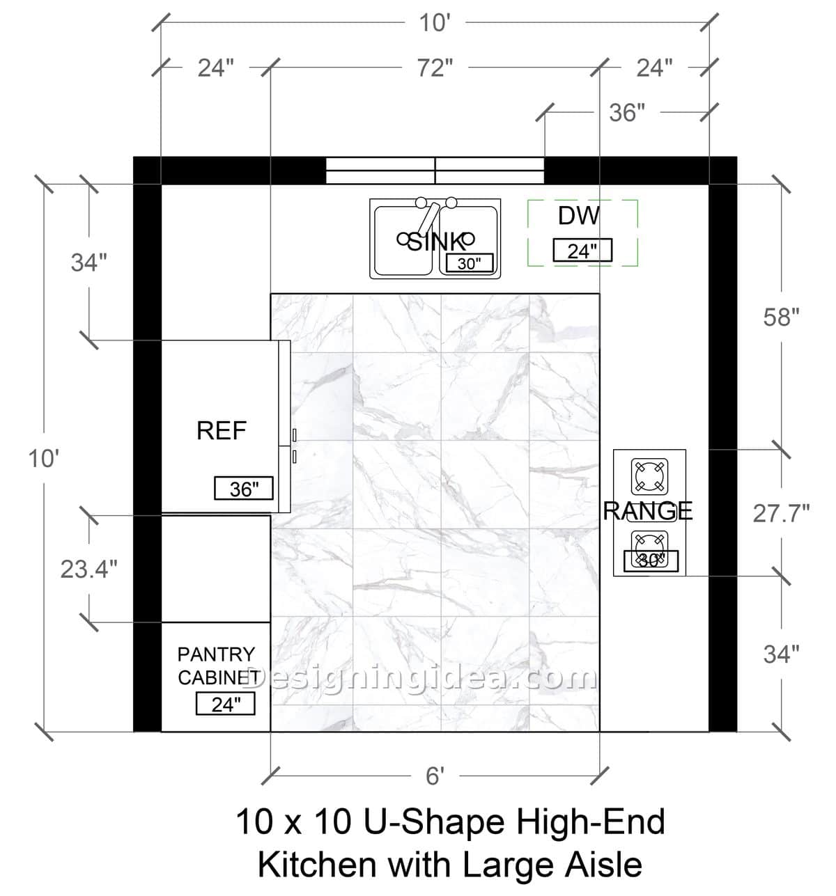 Ten foot square kitchen plan with six foot wide center working aisle