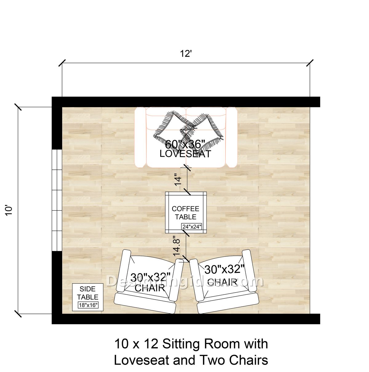 Plan of a small sitting room measuring 10 by 12 with a loveseat, a coffee table and two angled chairs