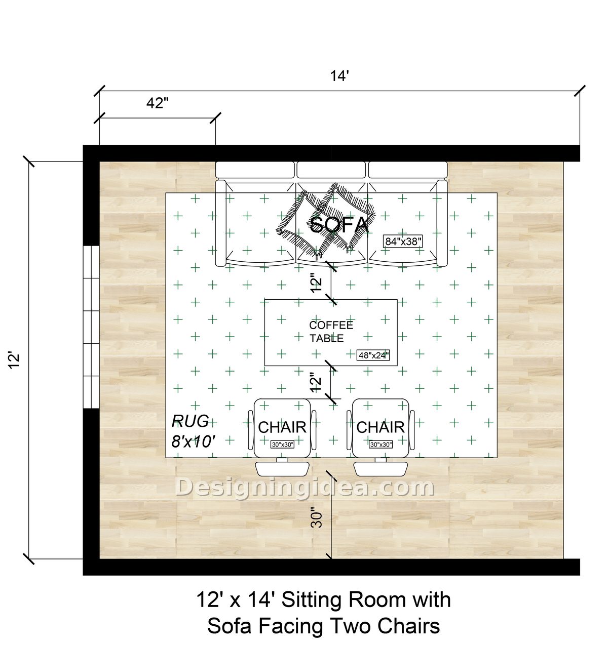 Plan of a sitting area with an 84 inch sofa opposite two chairs on a patterned rug