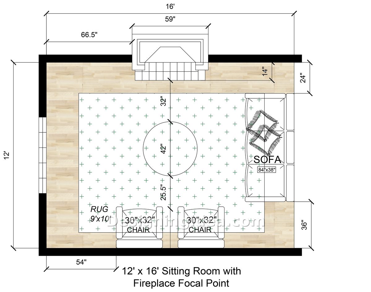 Rectangular room plan showing a fireplace, a round coffee table, and a sofa placed perpendicular to the hearth