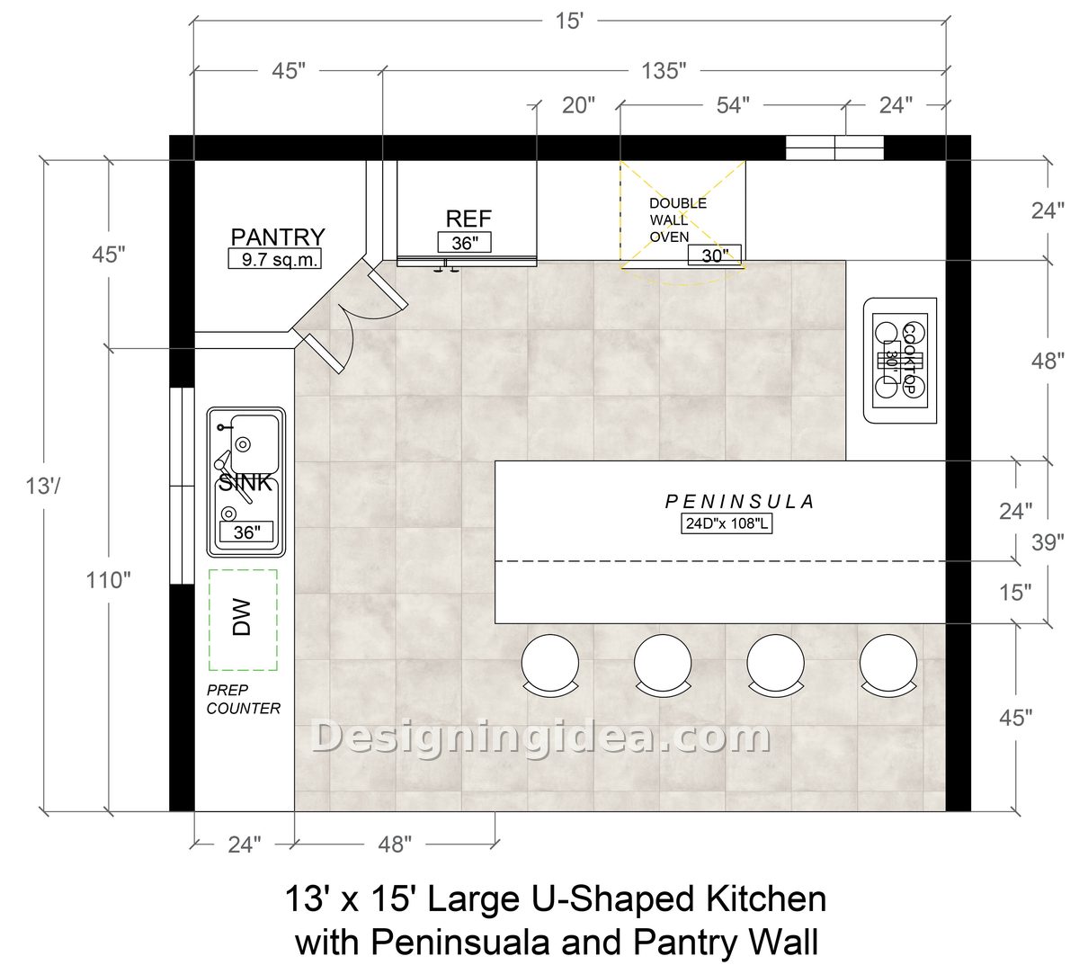 Thirteen by fifteen drawing with walk in pantry and four seat peninsula