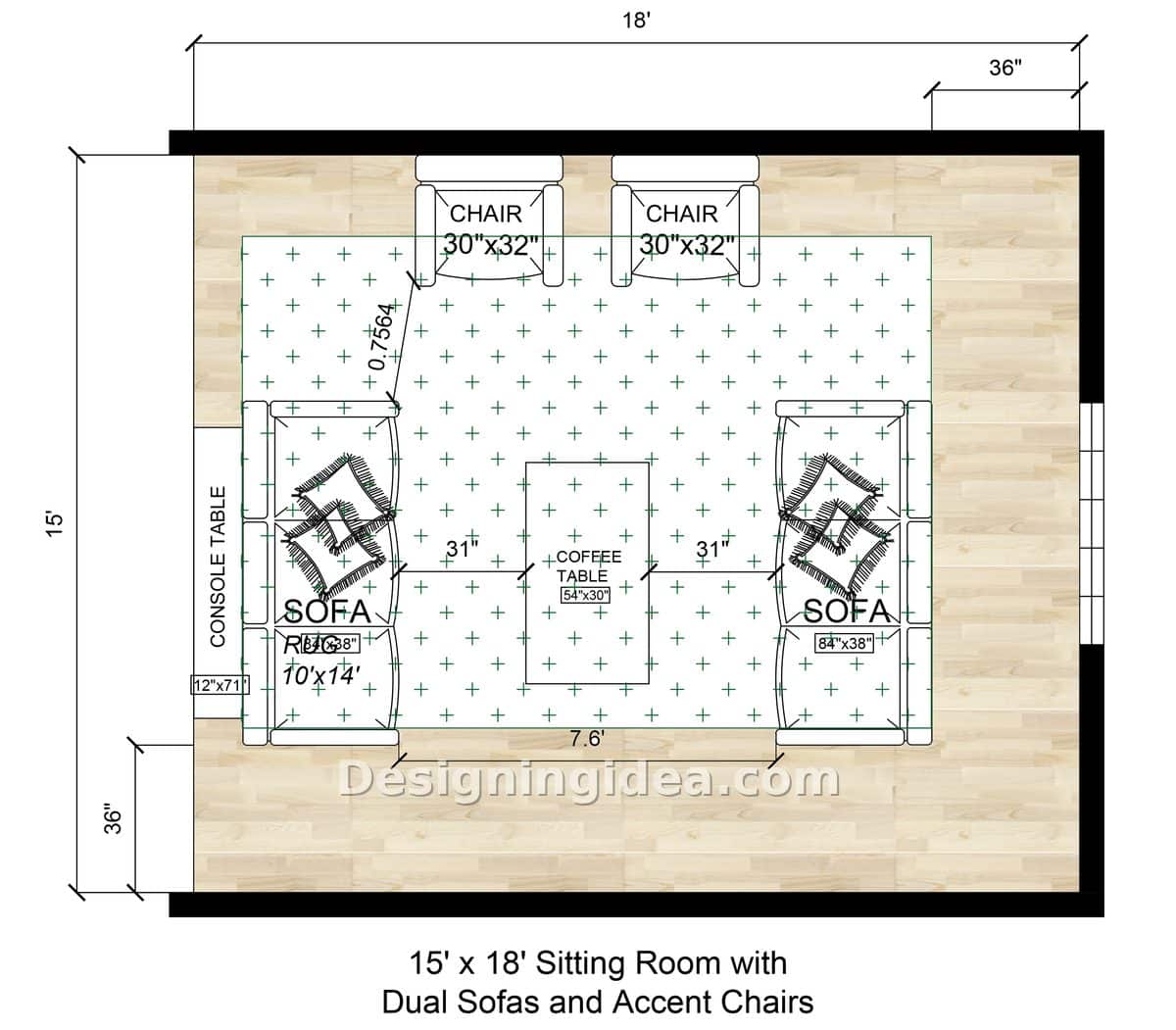 Plan of a large room showing two sofas facing each other, a coffee table, two chairs, and a console table