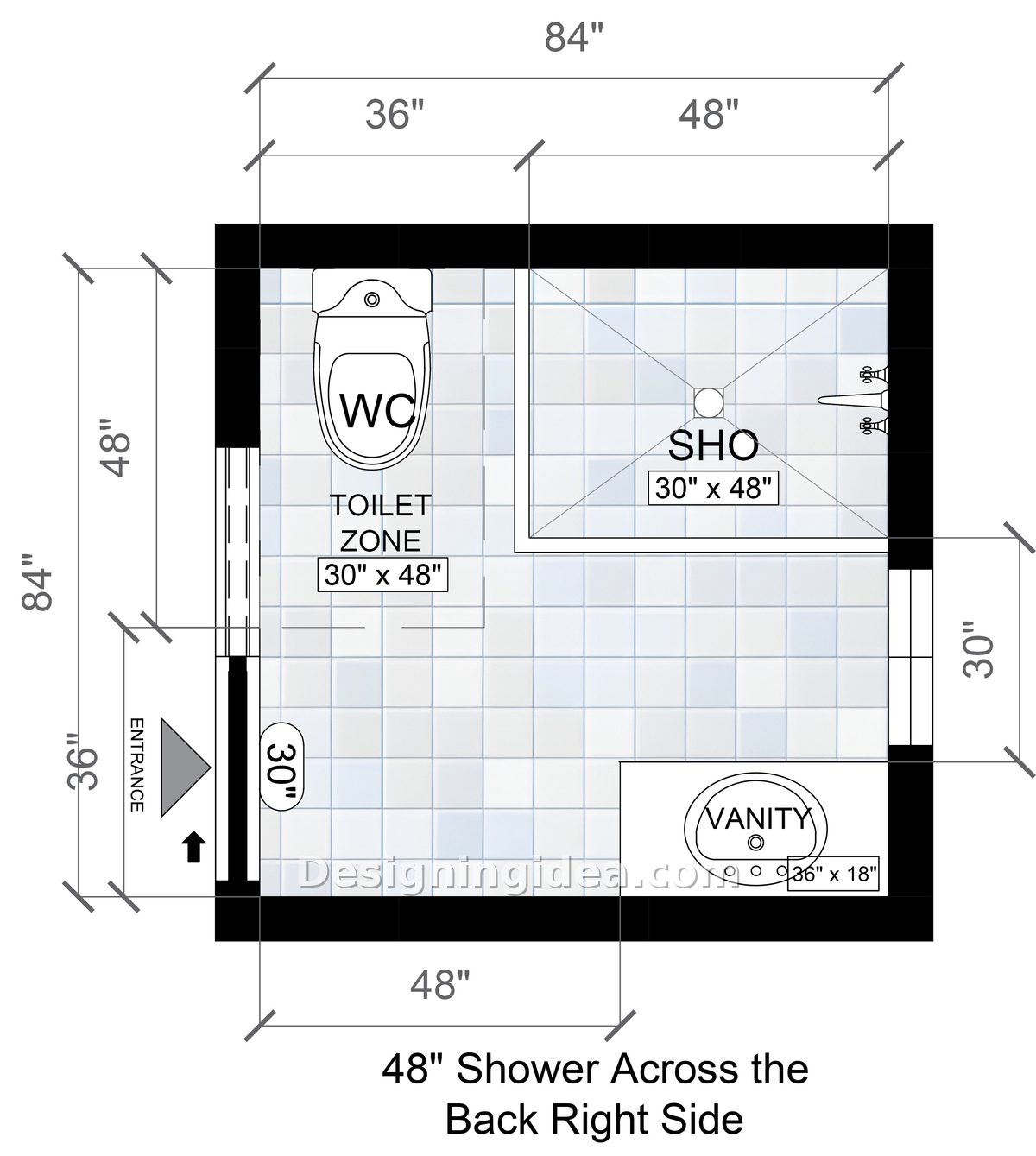 Bathroom plan showing a toilet and vanity on the left side with a 30 by 48 shower