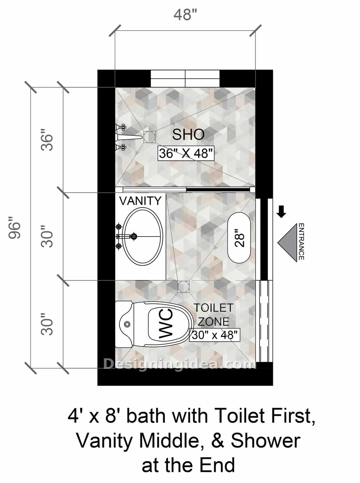 Side entry 4x8 bath plan placing toilet near door and shower beyond