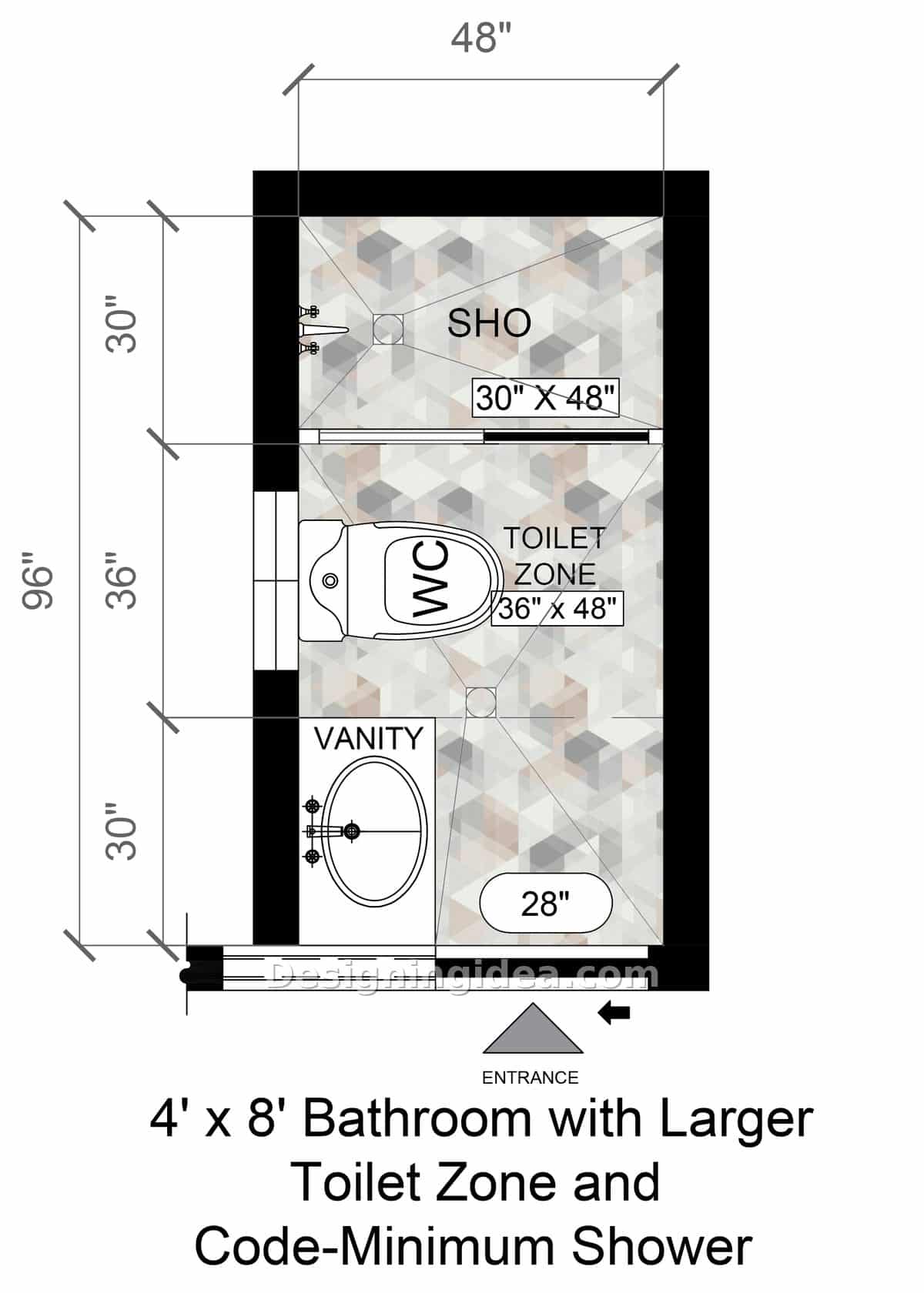Floor plan giving the toilet 36 inches beside a code minimum 30 inch shower