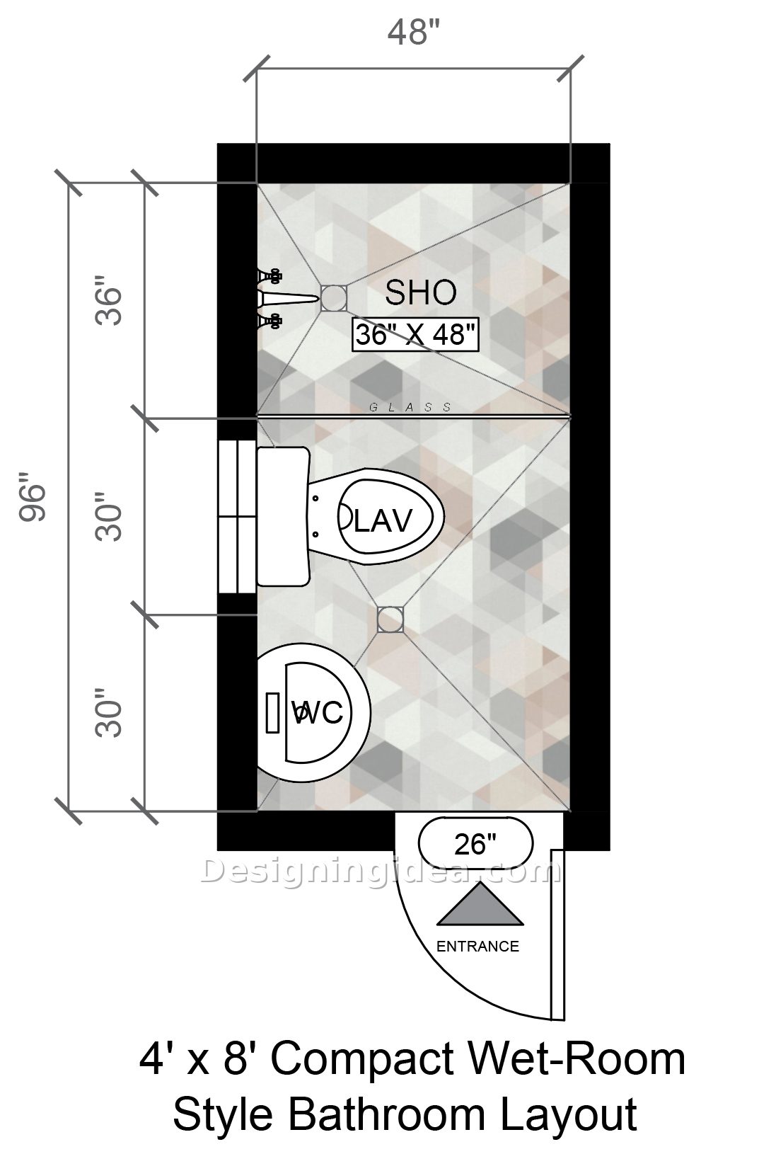 Compact wet room plan using a glass partition instead of a shower enclosure