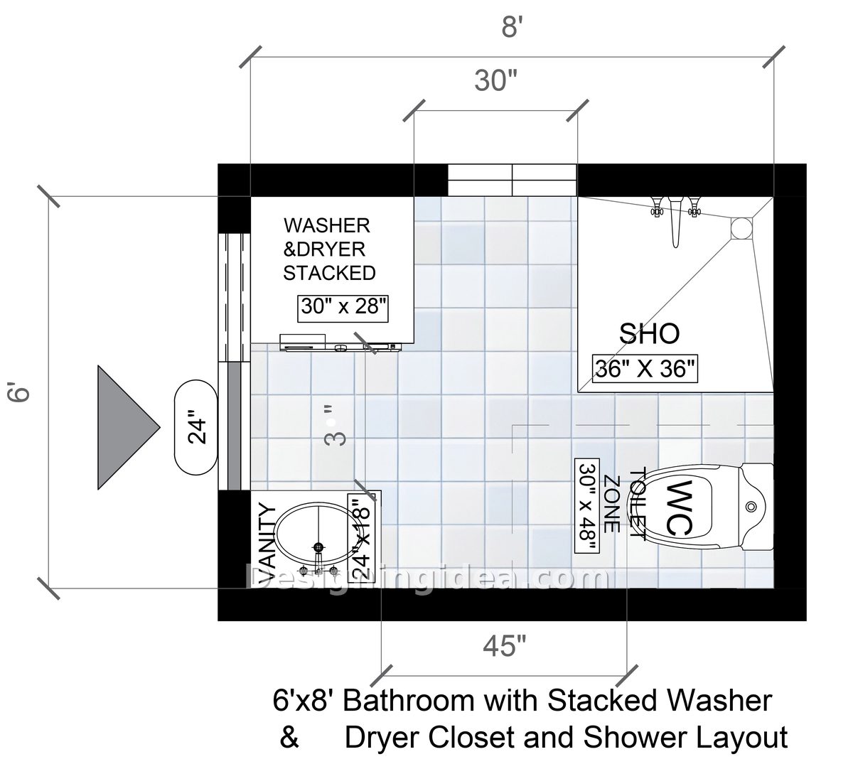 6x8 Bathroom With Stacked Washer and Dryer Closet and Shower