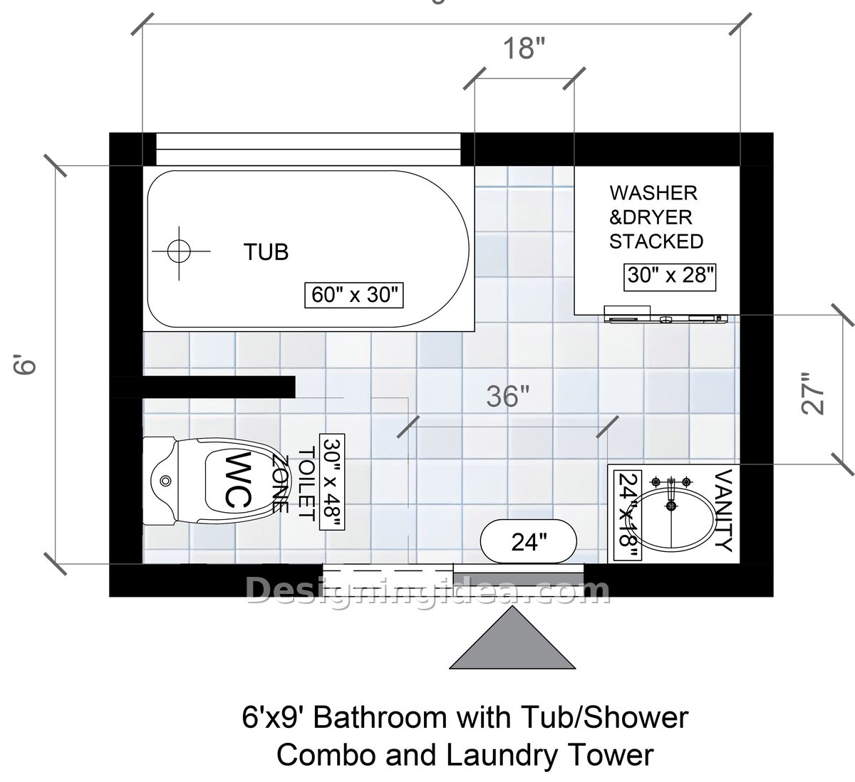 6x9 Bathroom With Tub/Shower Combo and Laundry Tower