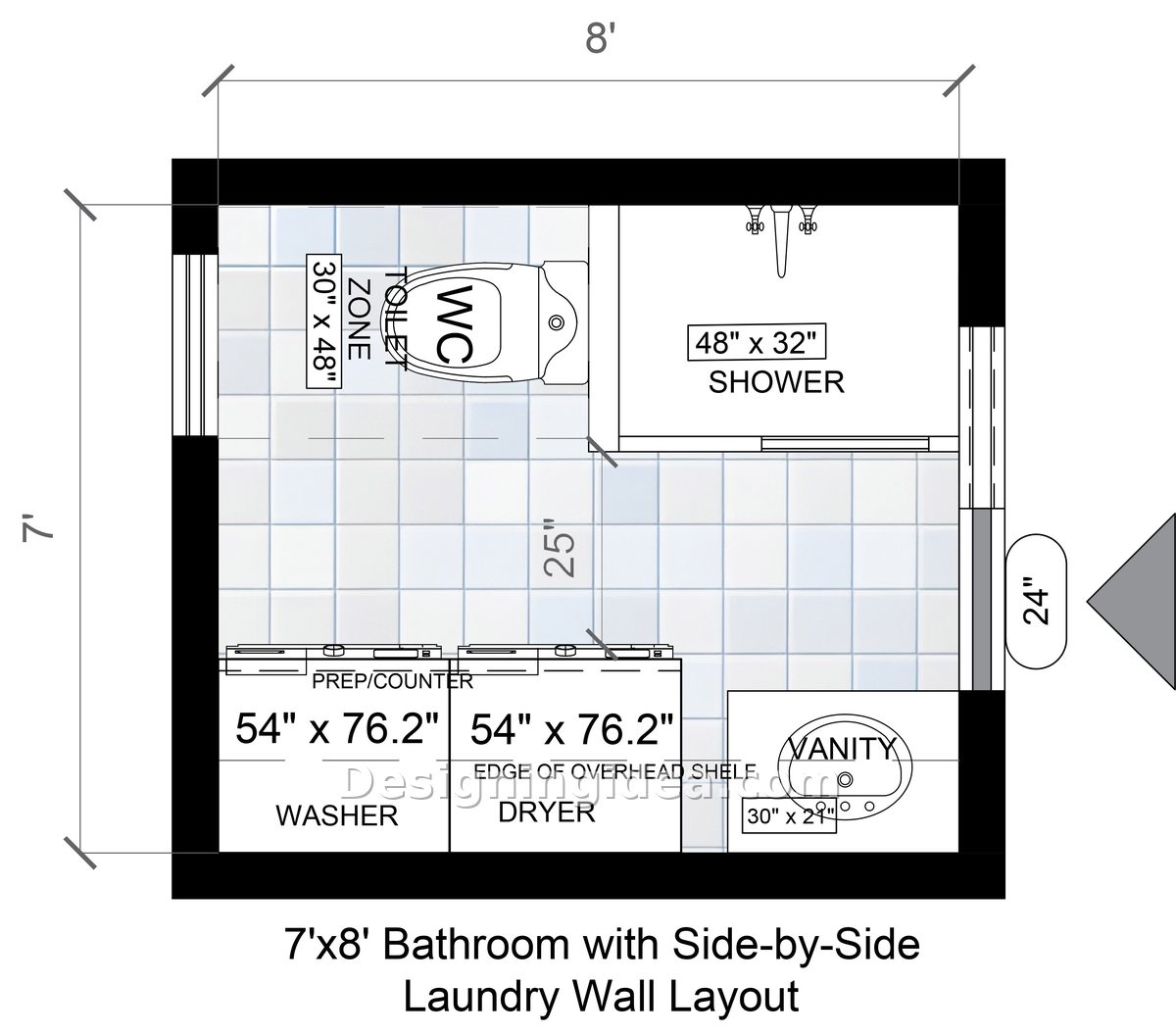 7x8 Bathroom With Side-by-Side Laundry Wall