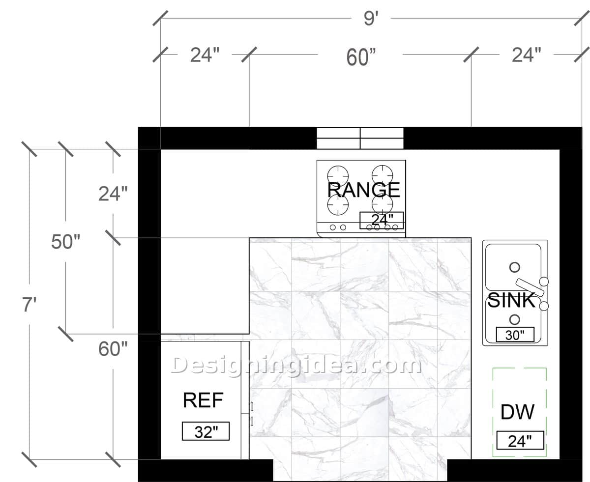 Compact seven by nine kitchen with three foot aisle between counter runs