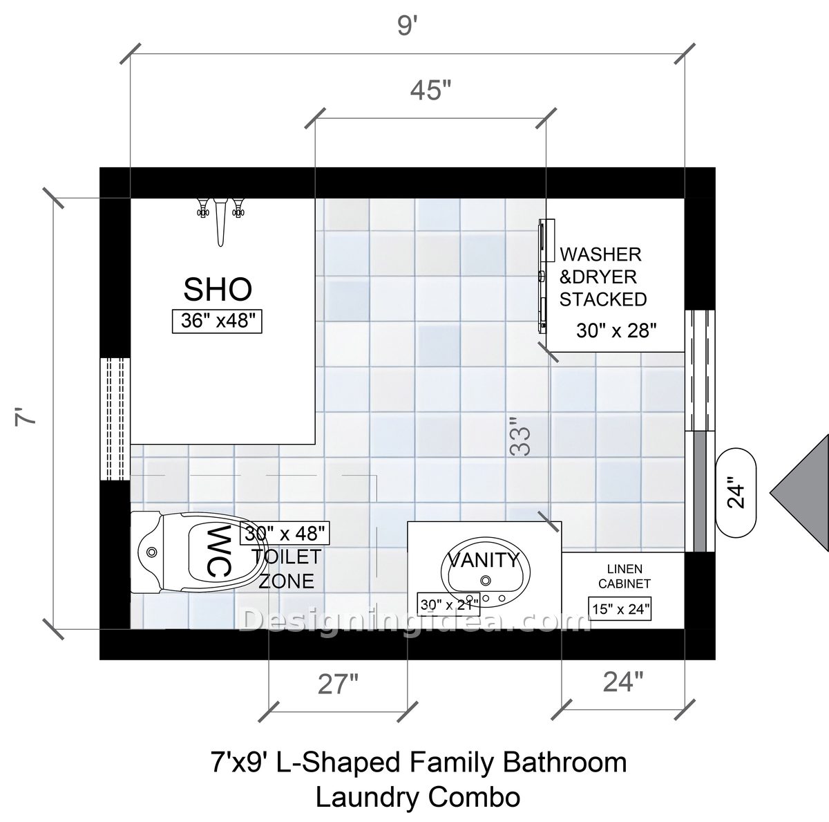 7x9 L-Shaped Family Bathroom & Laundry Combination Floor Plan