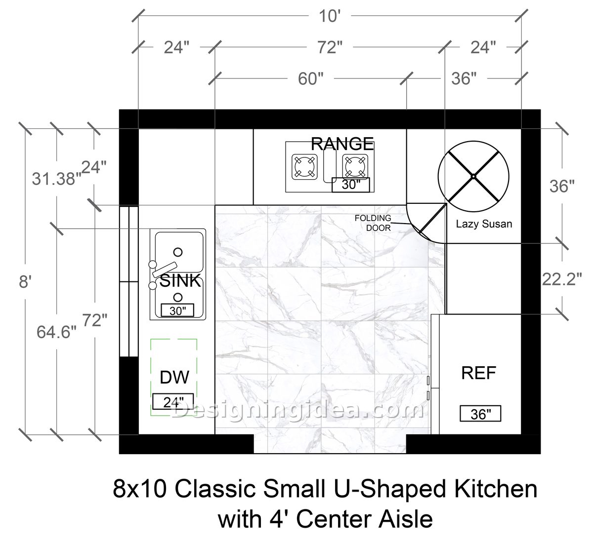 Eight by ten plan showing lazy Susan corner cabinet and folding door