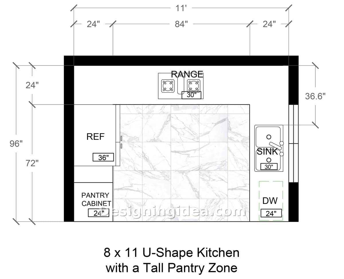 Wide shallow U kitchen with refrigerator and tall pantry on one wall