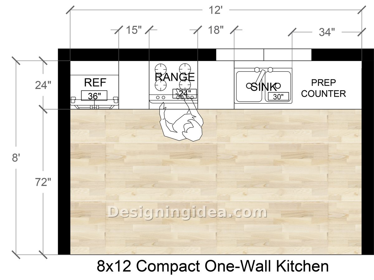8x12 compact kitchen layout with one wall design and open floor