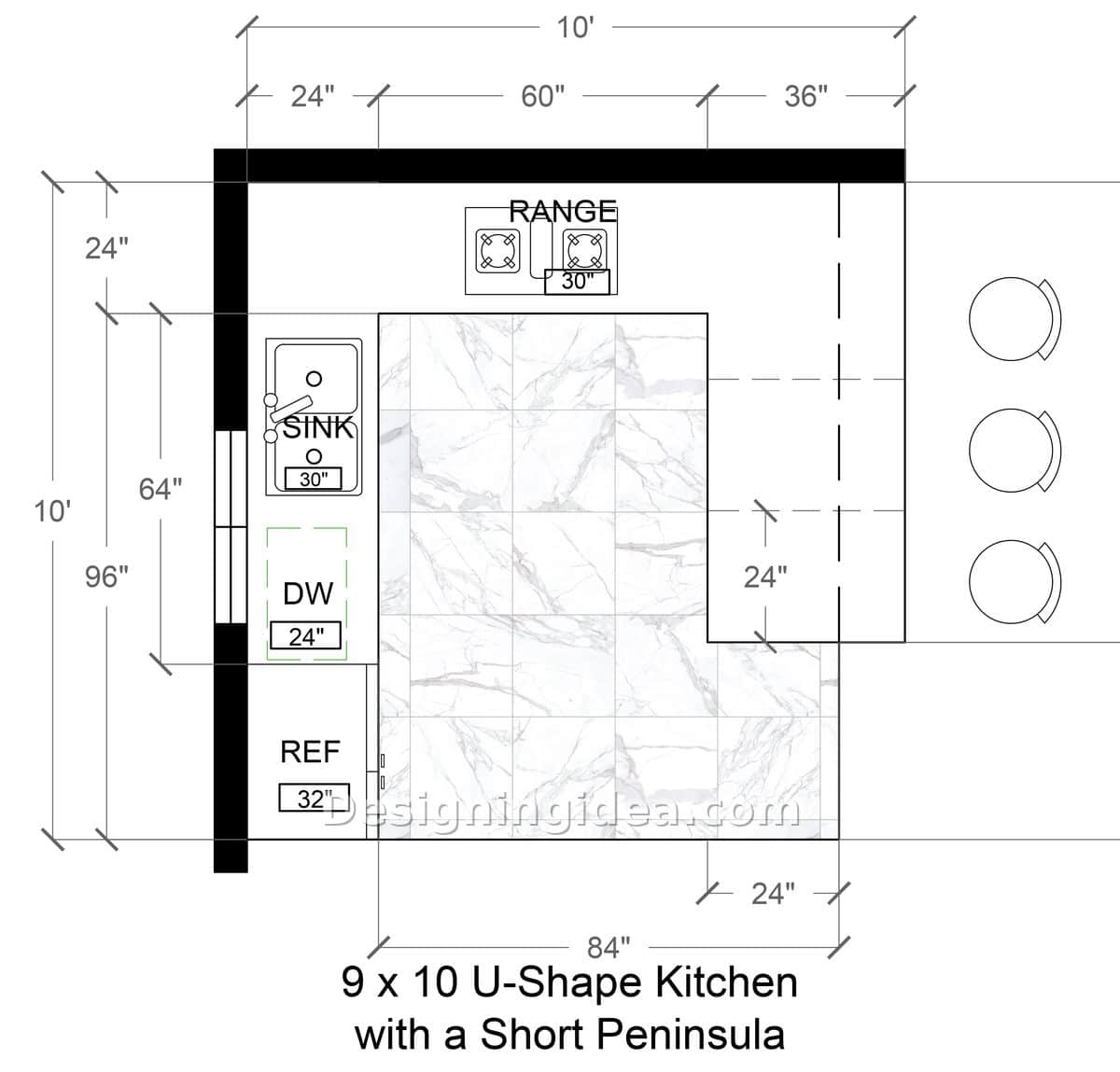 Peninsula kitchen drawing with three stools tucked under the counter overhang