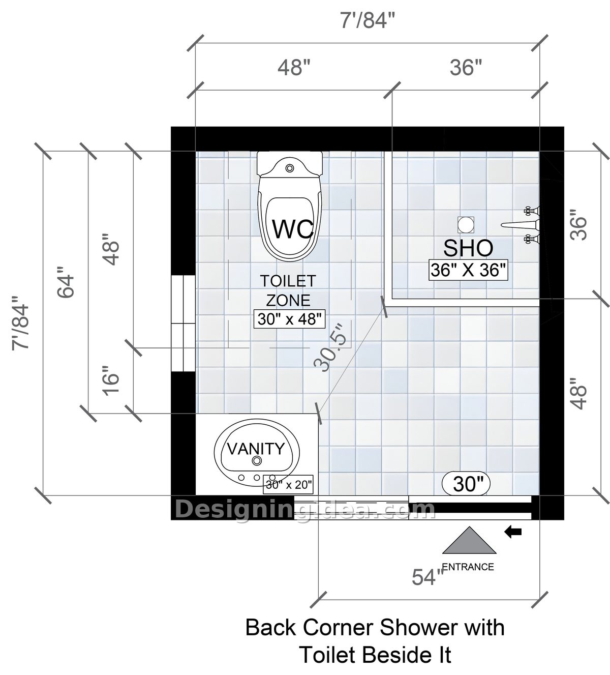 A square shower in the back corner with the toilet next to it and the vanity opposite