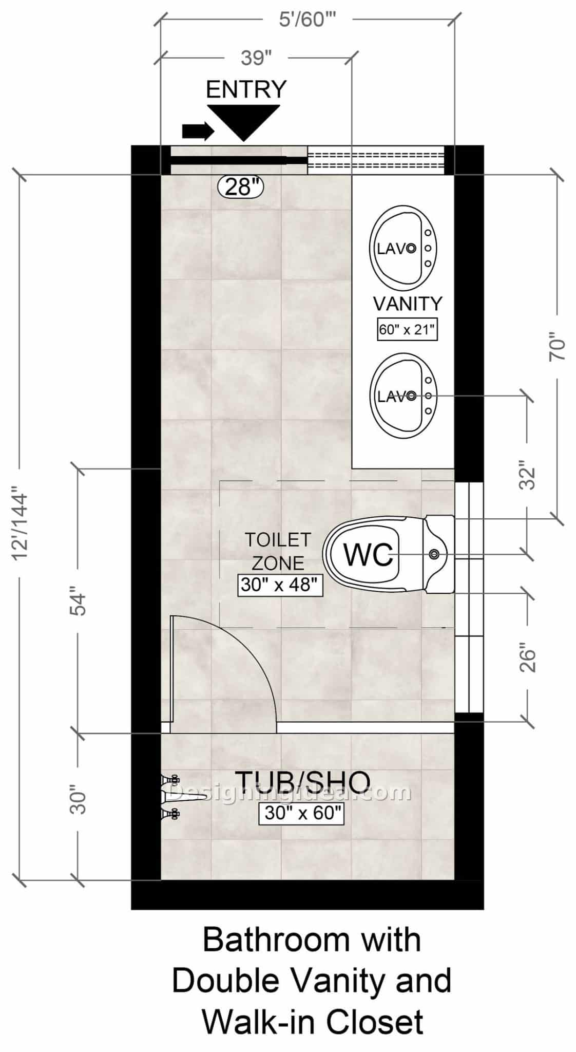 Bathroom plan showing two sinks, closet doorway and tub across the back