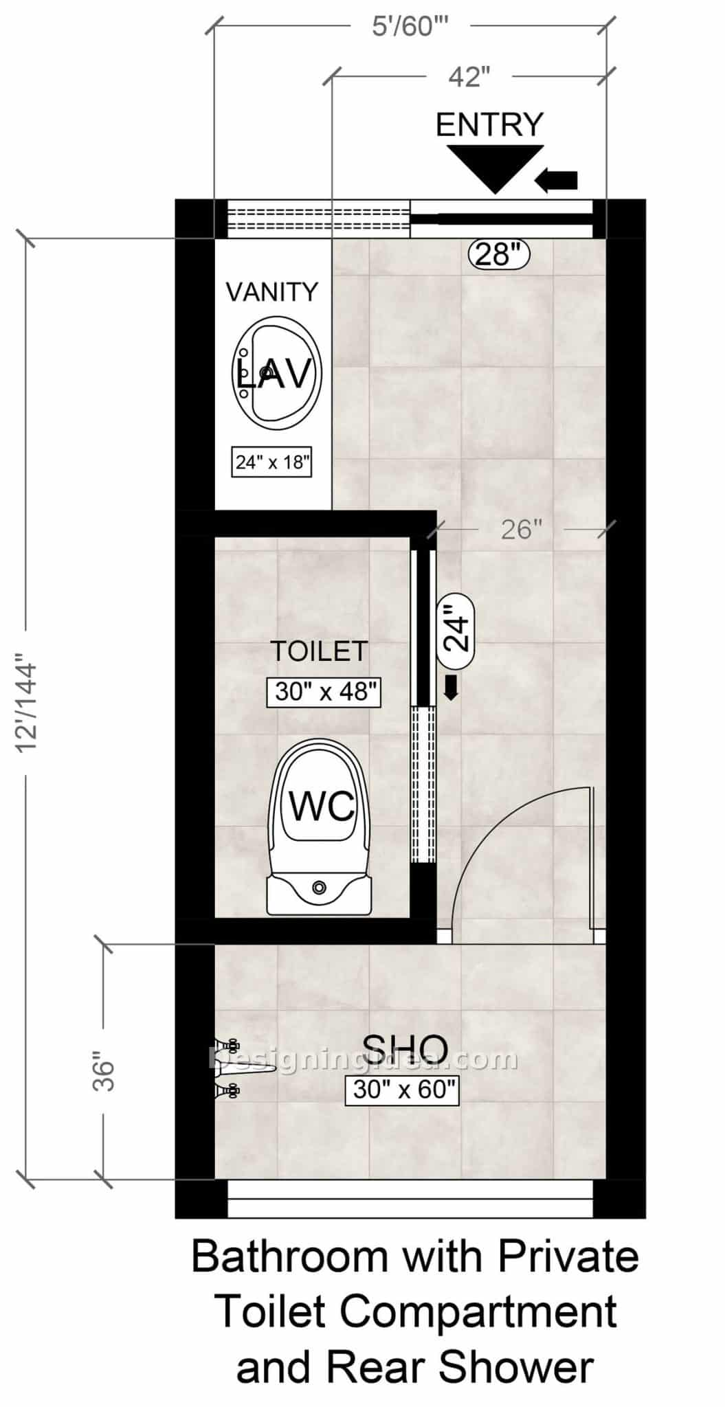 Narrow plan with enclosed water closet, small vanity and rear shower stall
