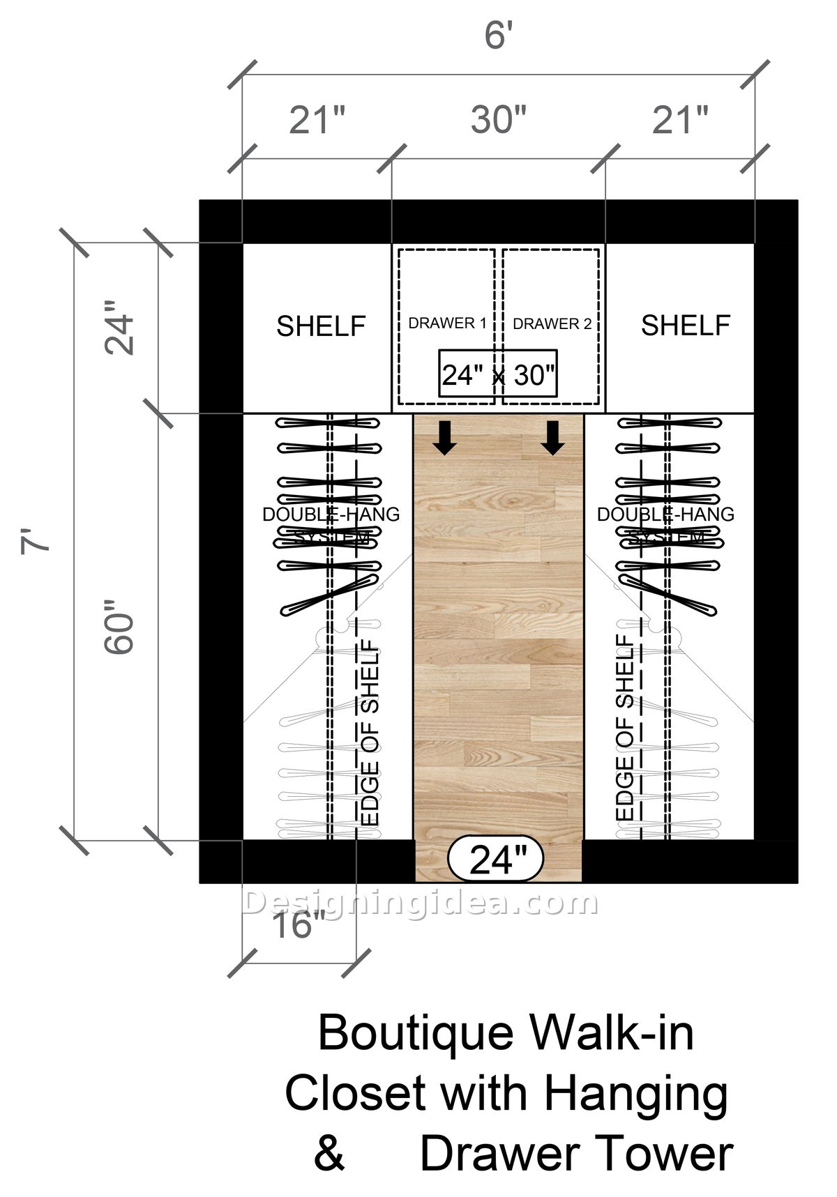 Boutique closet plan centering a two drawer tower between flanking shelf sections