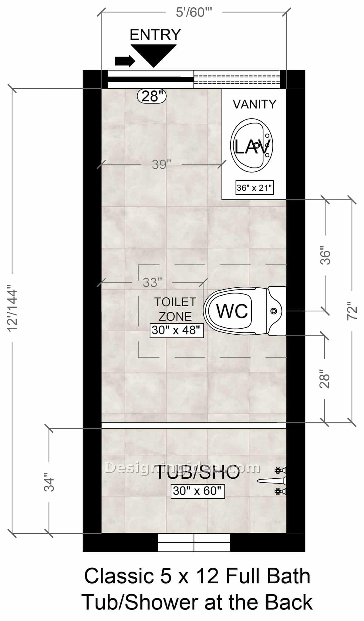 Floor plan with front entry, single vanity, centered toilet and rear bathtub