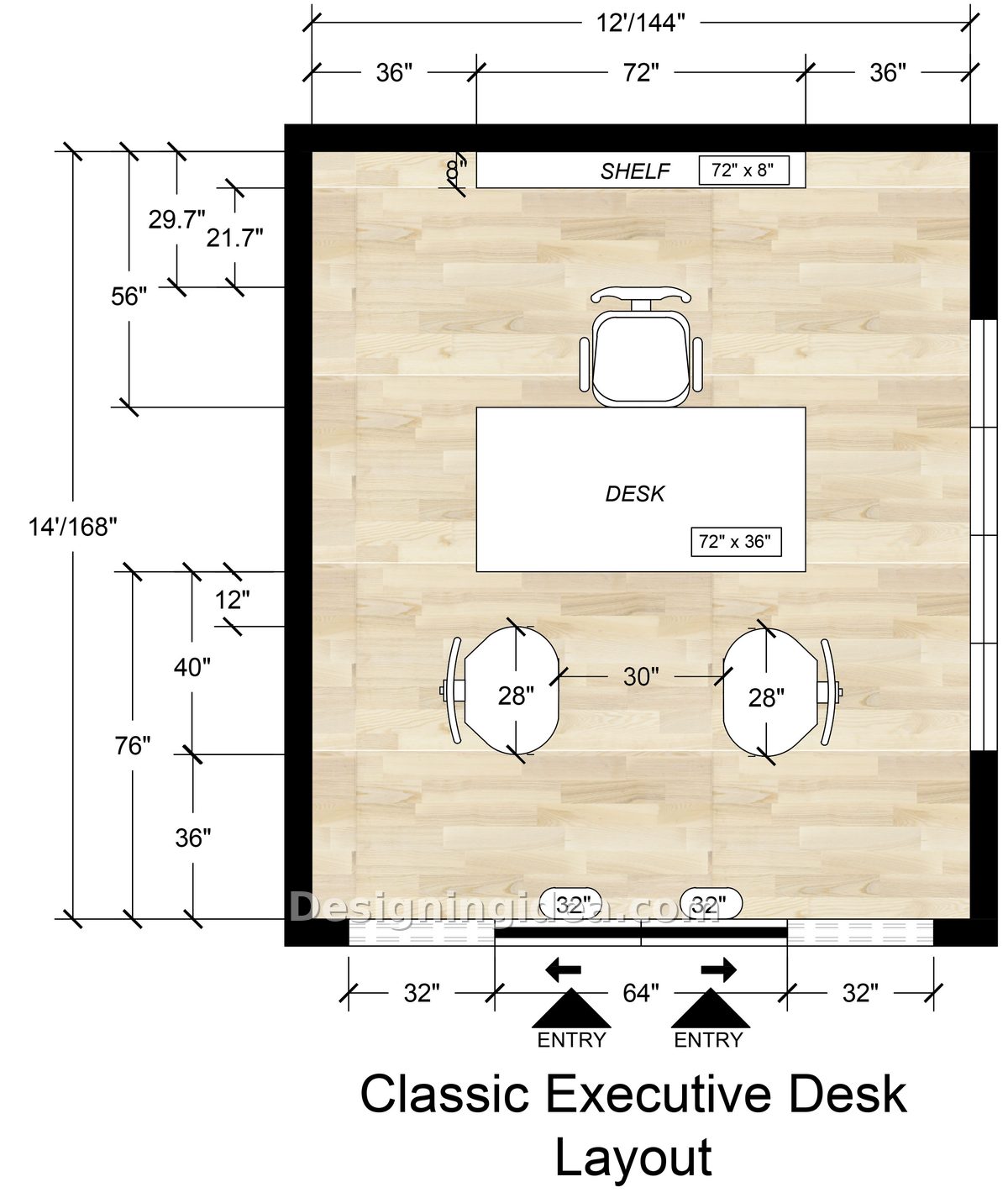 Compact 12 by 14 executive office plan with centered desk and two guest chairs