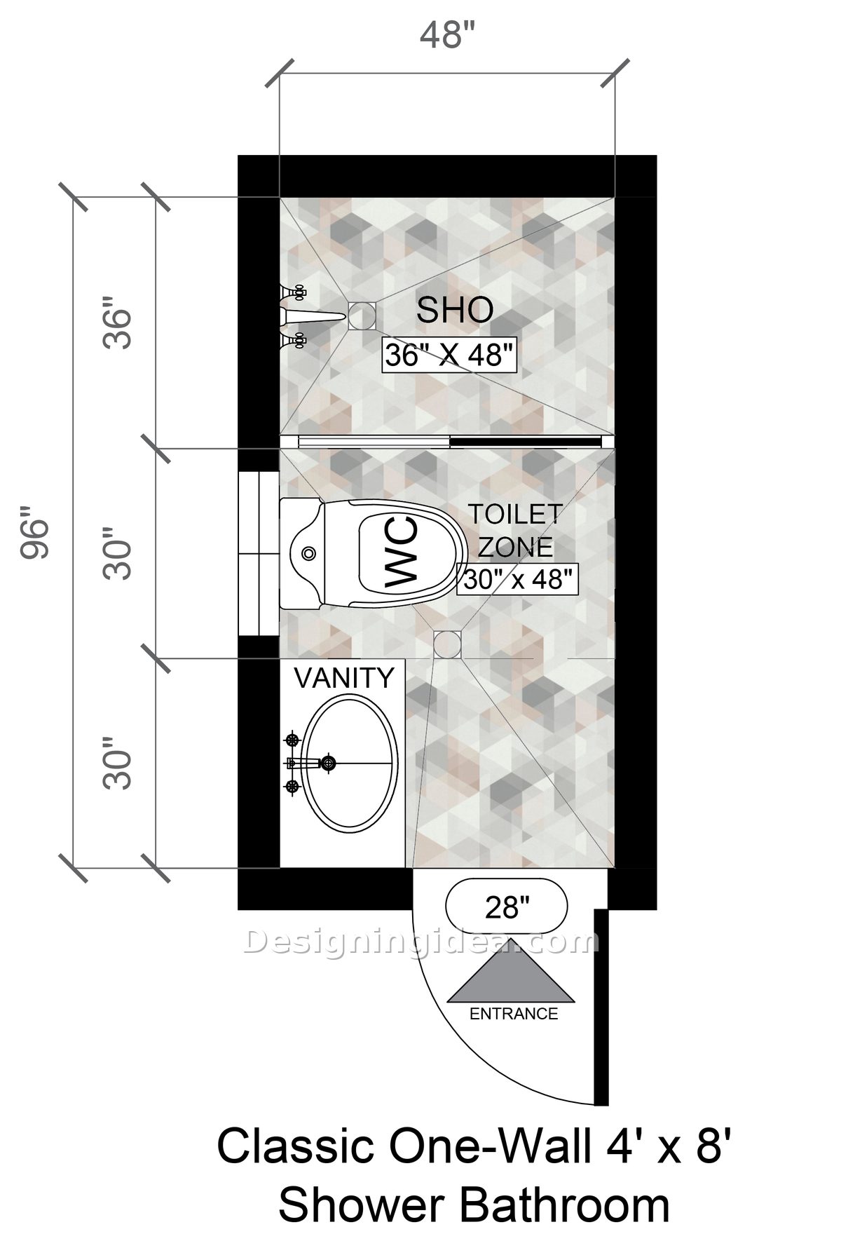 One wall 4x8 bathroom floor plan with shower, toilet and vanity aligned