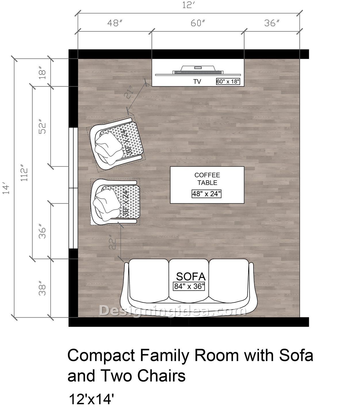 Compact family room plan with sofa facing wall mounted television and two chairs