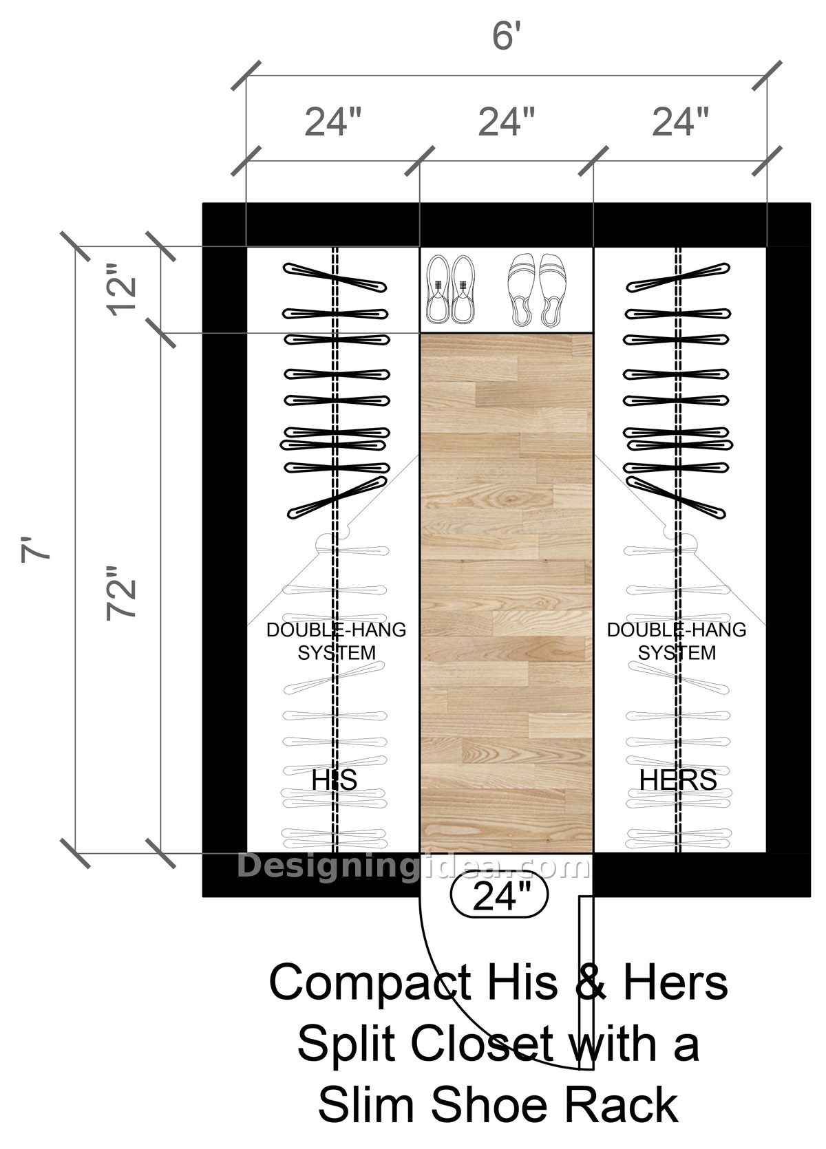Split his and hers closet floor plan with slim rear shoe rack
