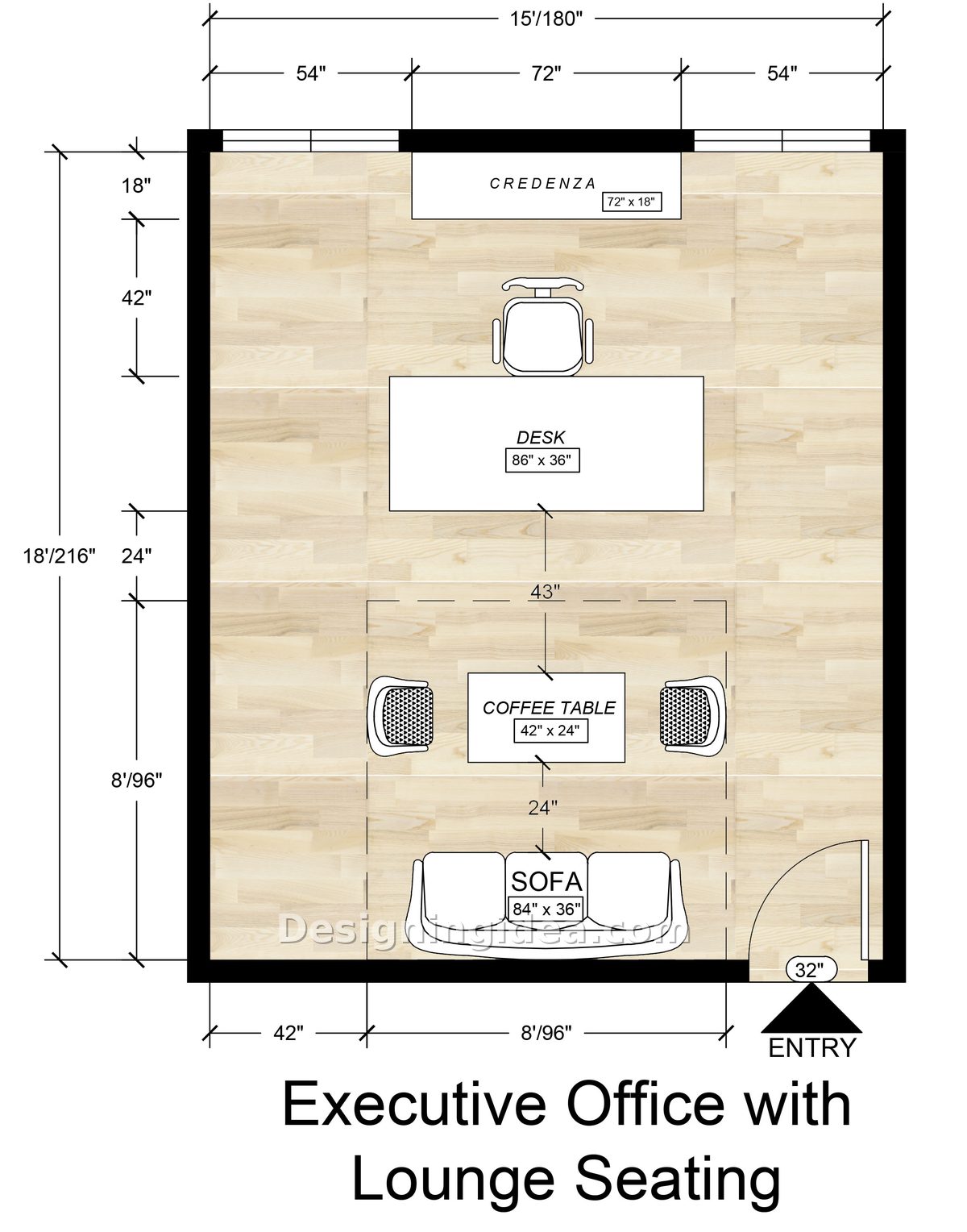 Wide 86 inch desk above a sofa, coffee table and two lounge chairs