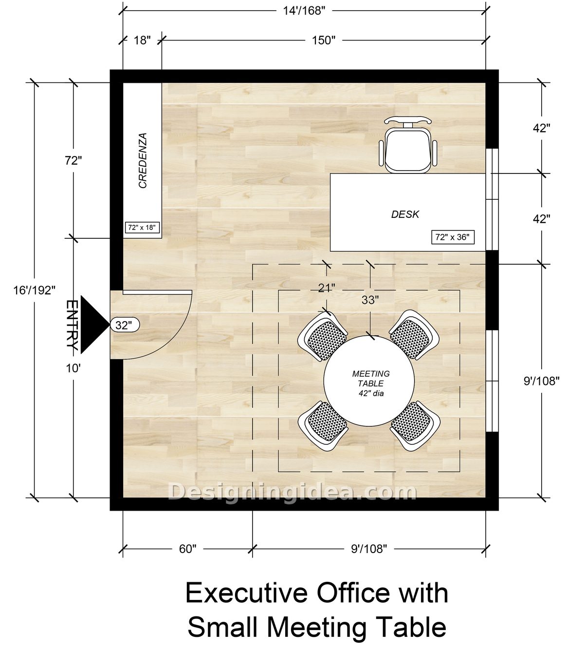 Desk against the window wall with a 42 inch round table seating four