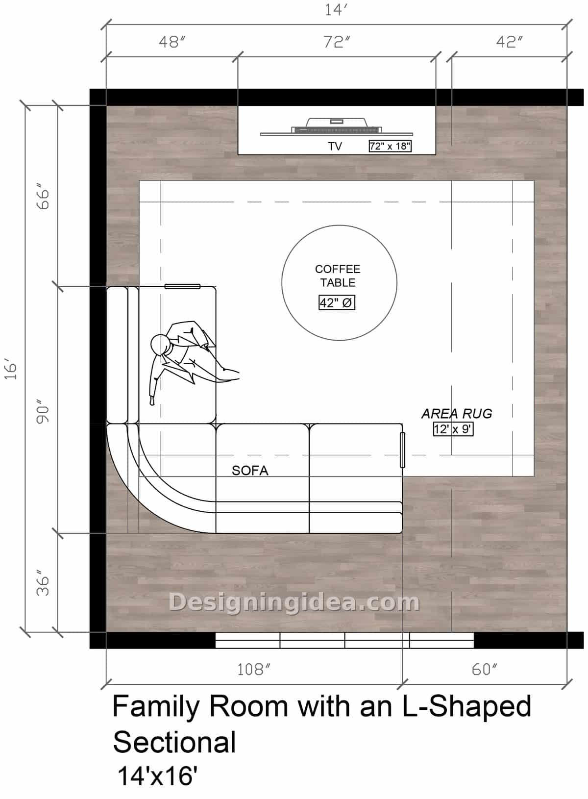 Fourteen by sixteen room showing L shaped sectional around round coffee table