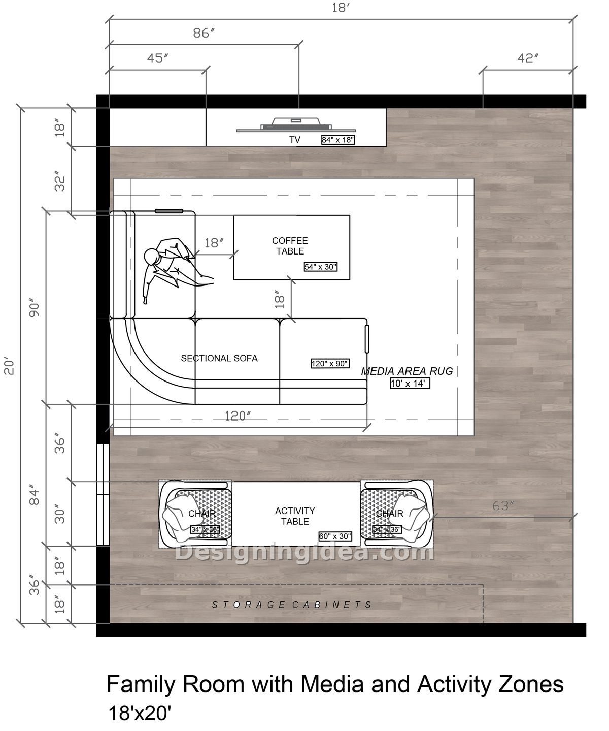 Eighteen by twenty room split between media seating and separate activity table