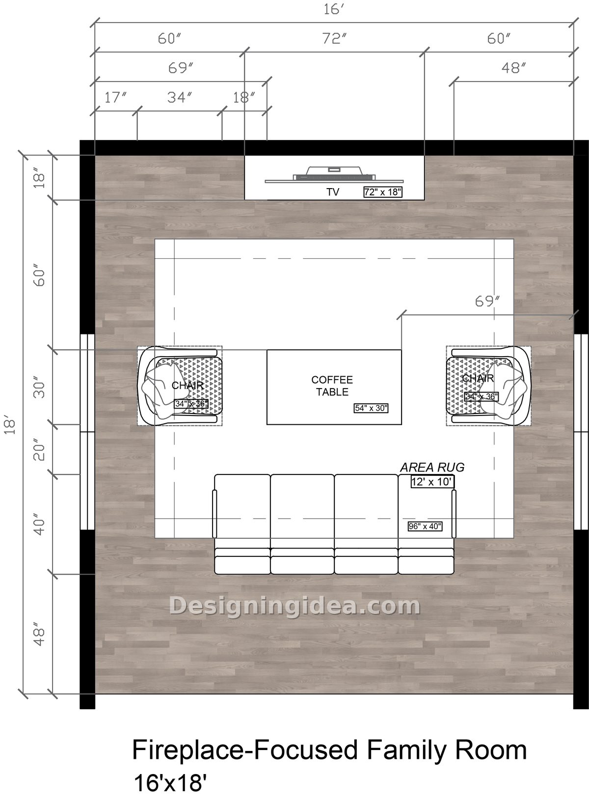 Sixteen by eighteen plan centering sofa and two chairs on focal wall