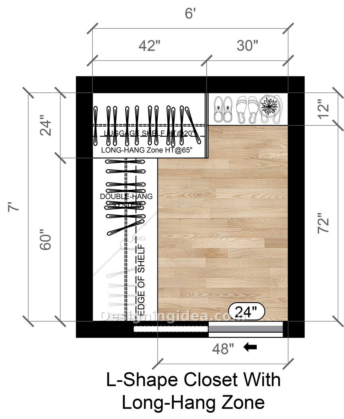 L-shaped closet plan with long hang rod and overhead luggage shelf