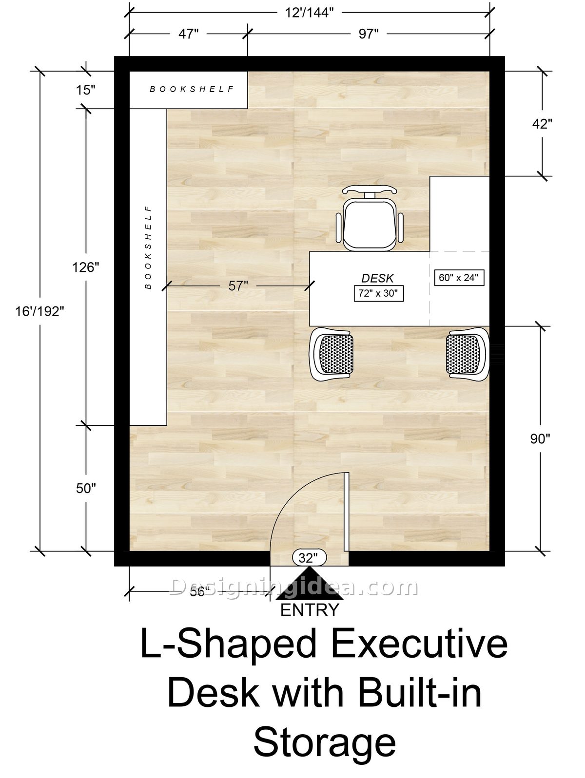L shaped desk with 60 inch return facing a 126 inch bookshelf wall