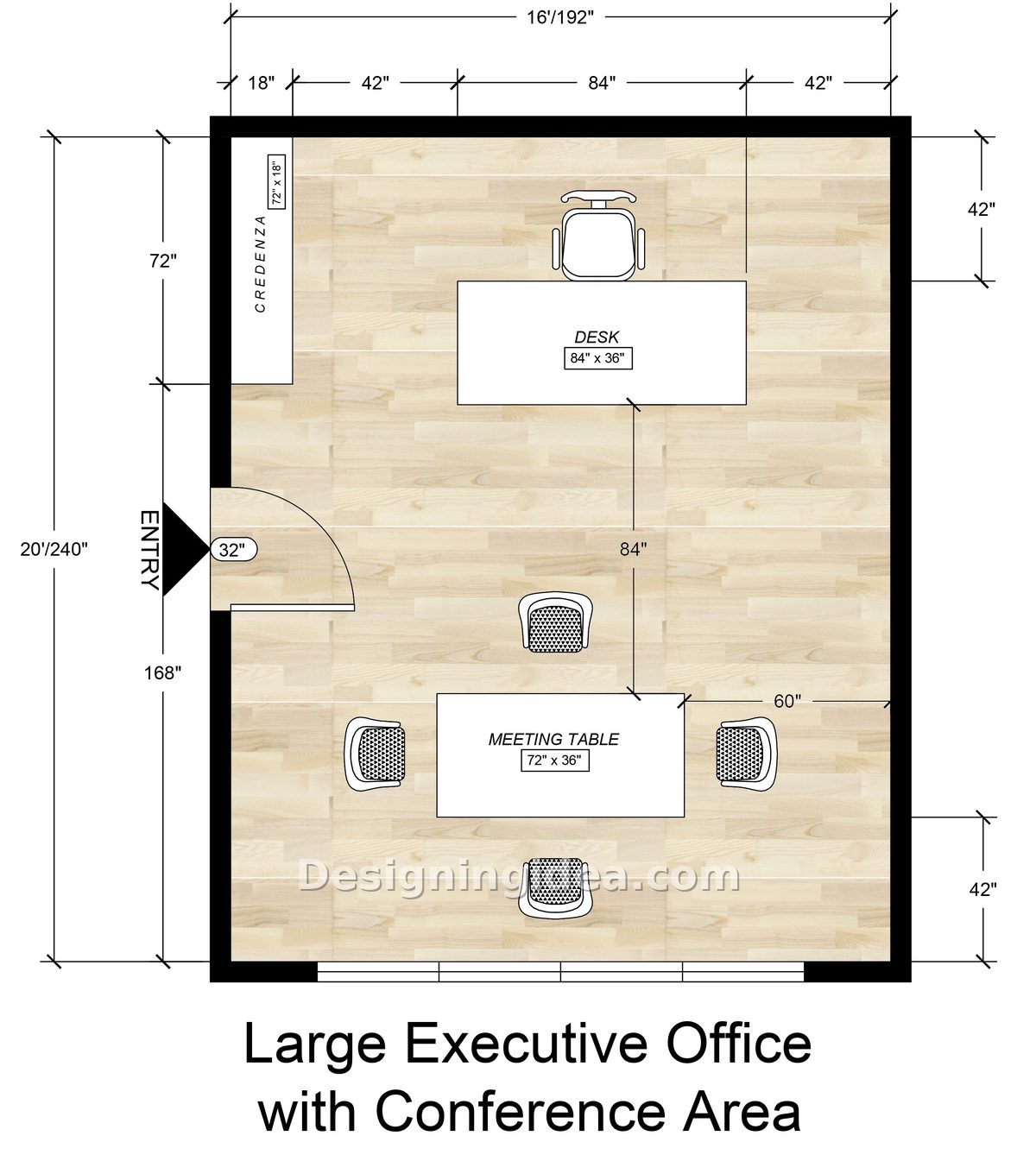 Sixteen by twenty office pairing an 84 inch desk with a conference table