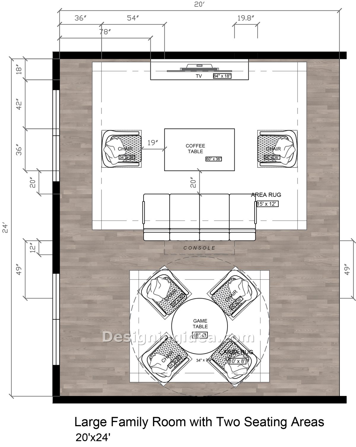 Twenty by twenty four plan pairing conversation seating with round game table