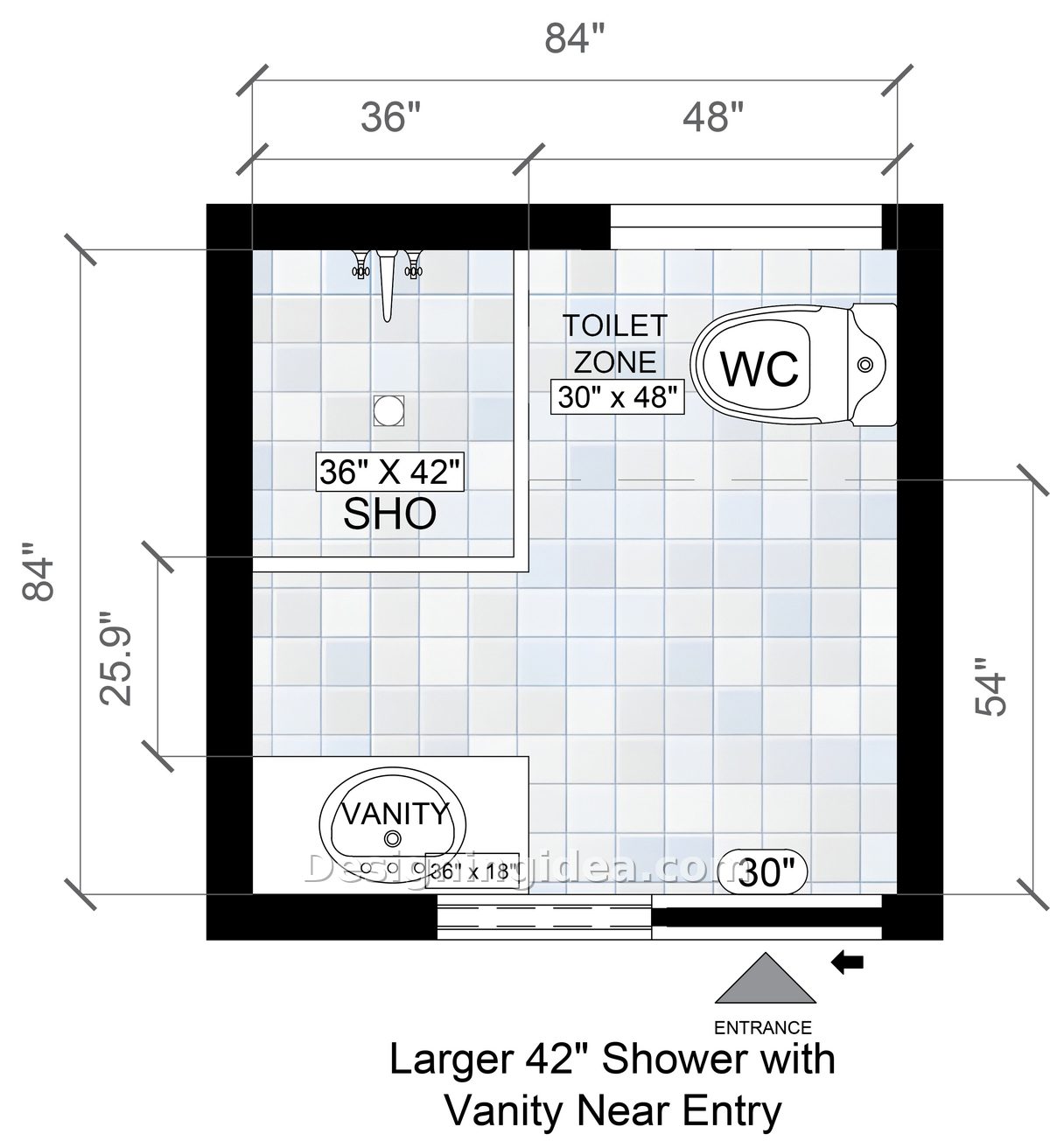 Bathroom layout featuring a larger 36 by 42 shower and a vanity next to the doorway