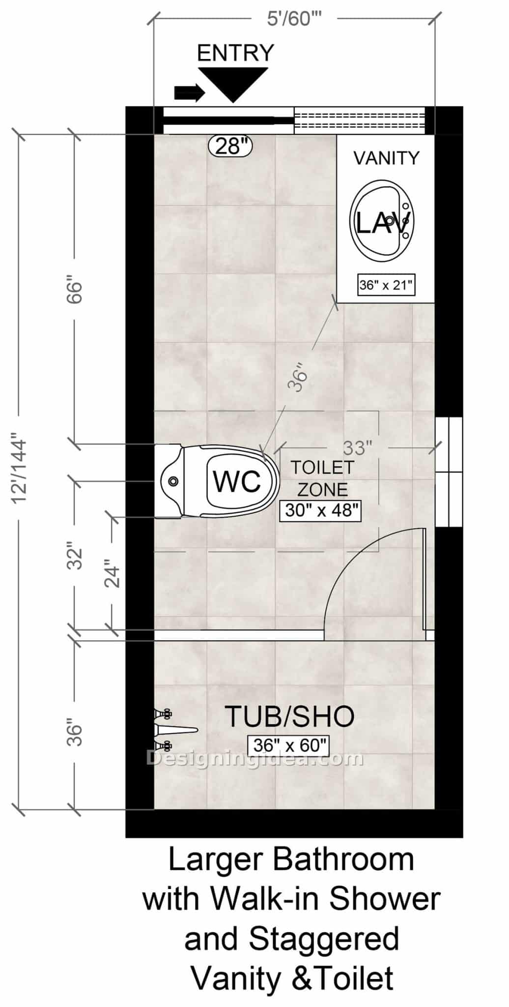 Vanity right, toilet on the opposite wall, wide shower spanning the back