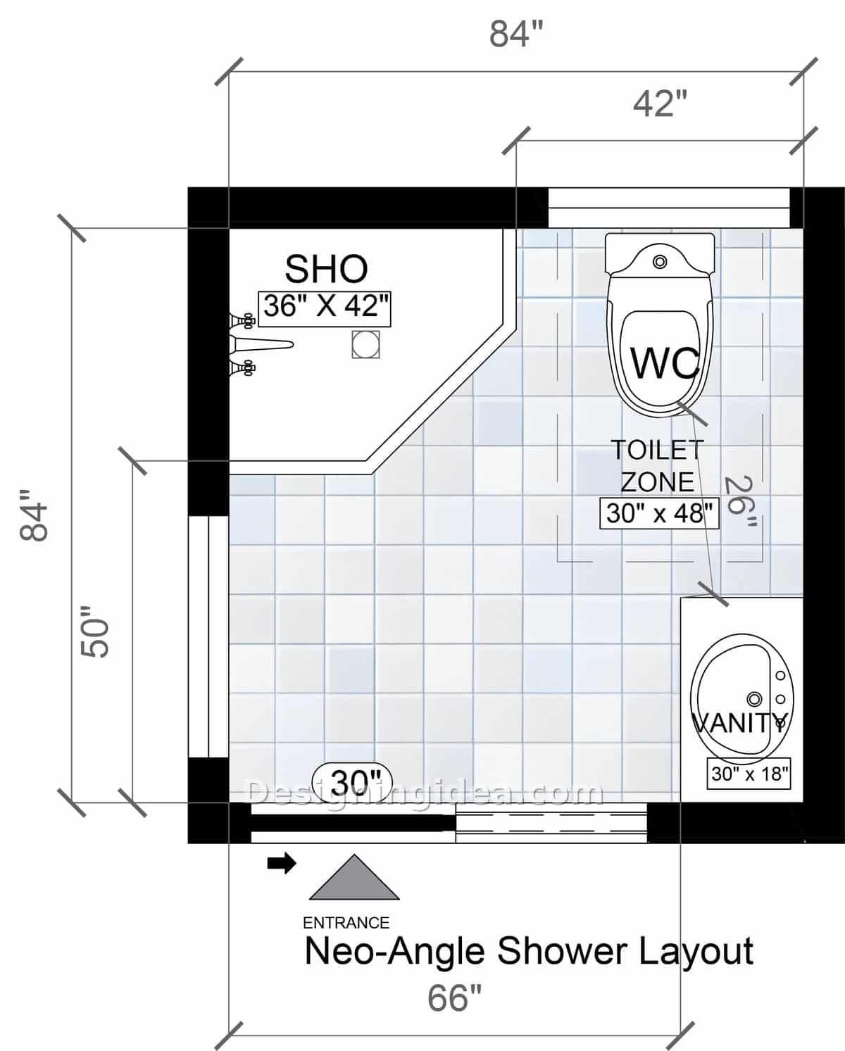 A neo angle corner shower with a clipped front wall toilet area and vanity