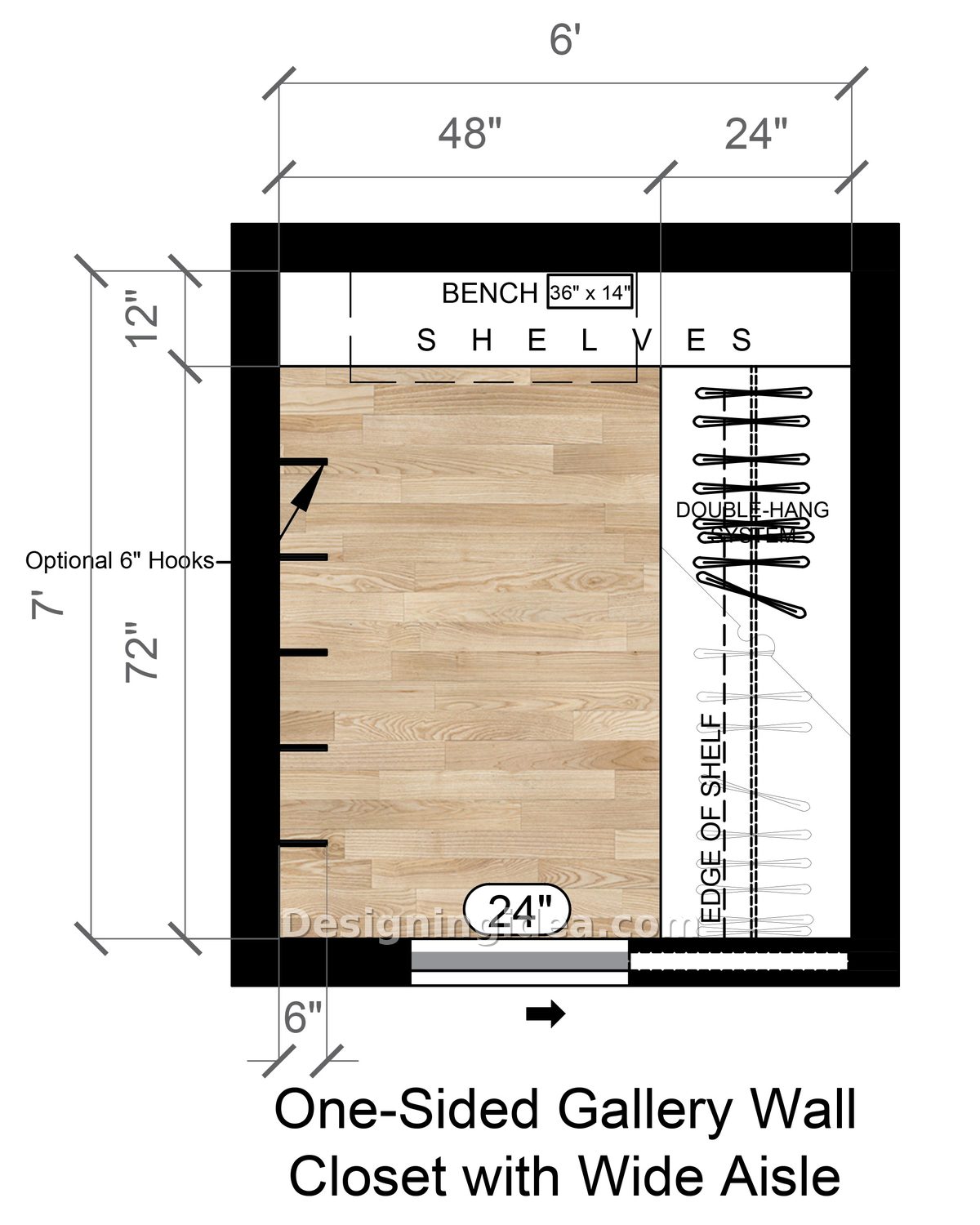 Single wall closet plan showing bench, shelving and wide open aisle floor