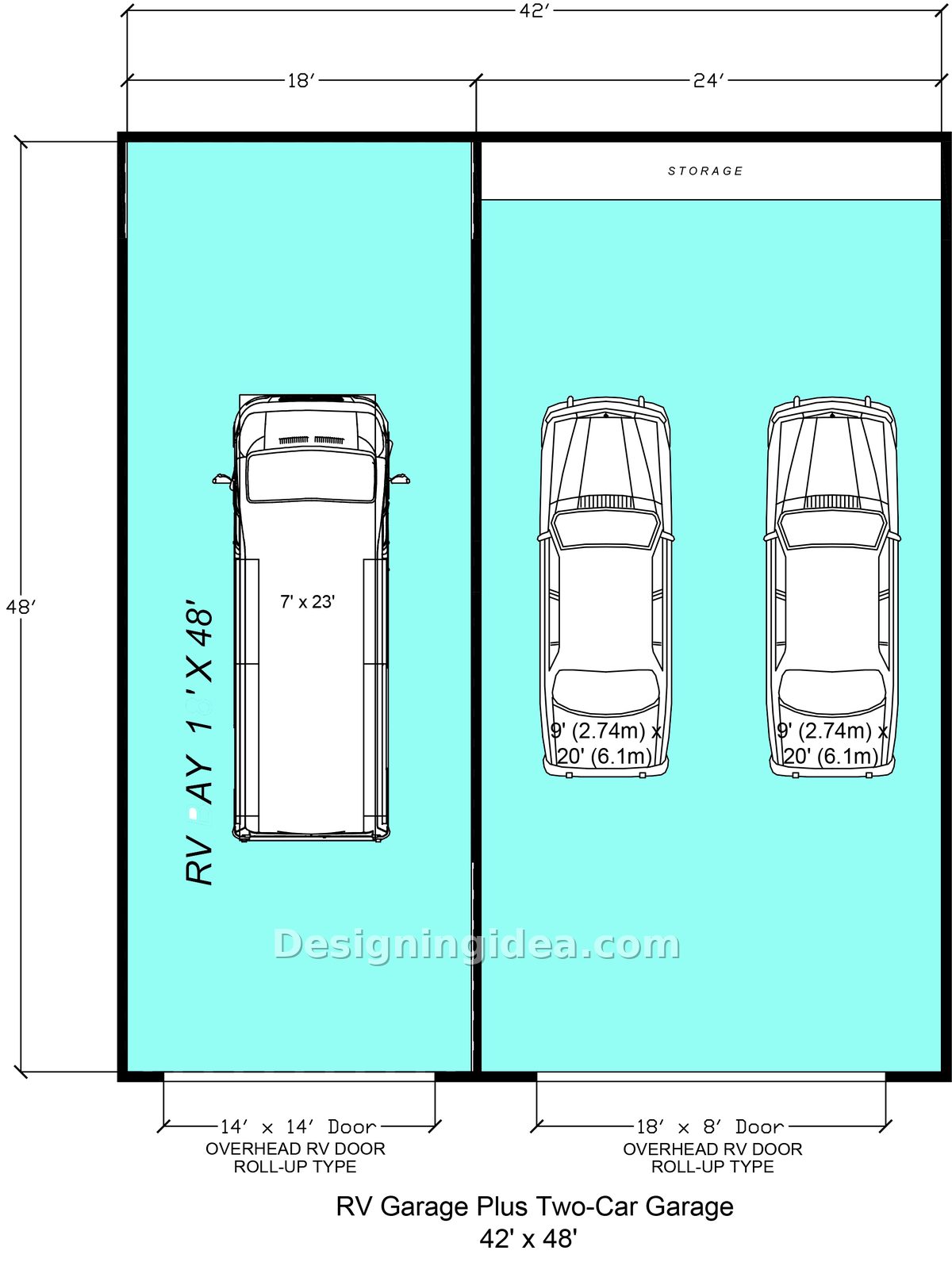 Two car garage with space for an RV bay